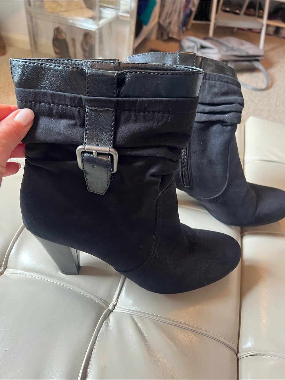 Laura Ashley Black Suede-Look Mid Heel Ankle Boots with Buckle